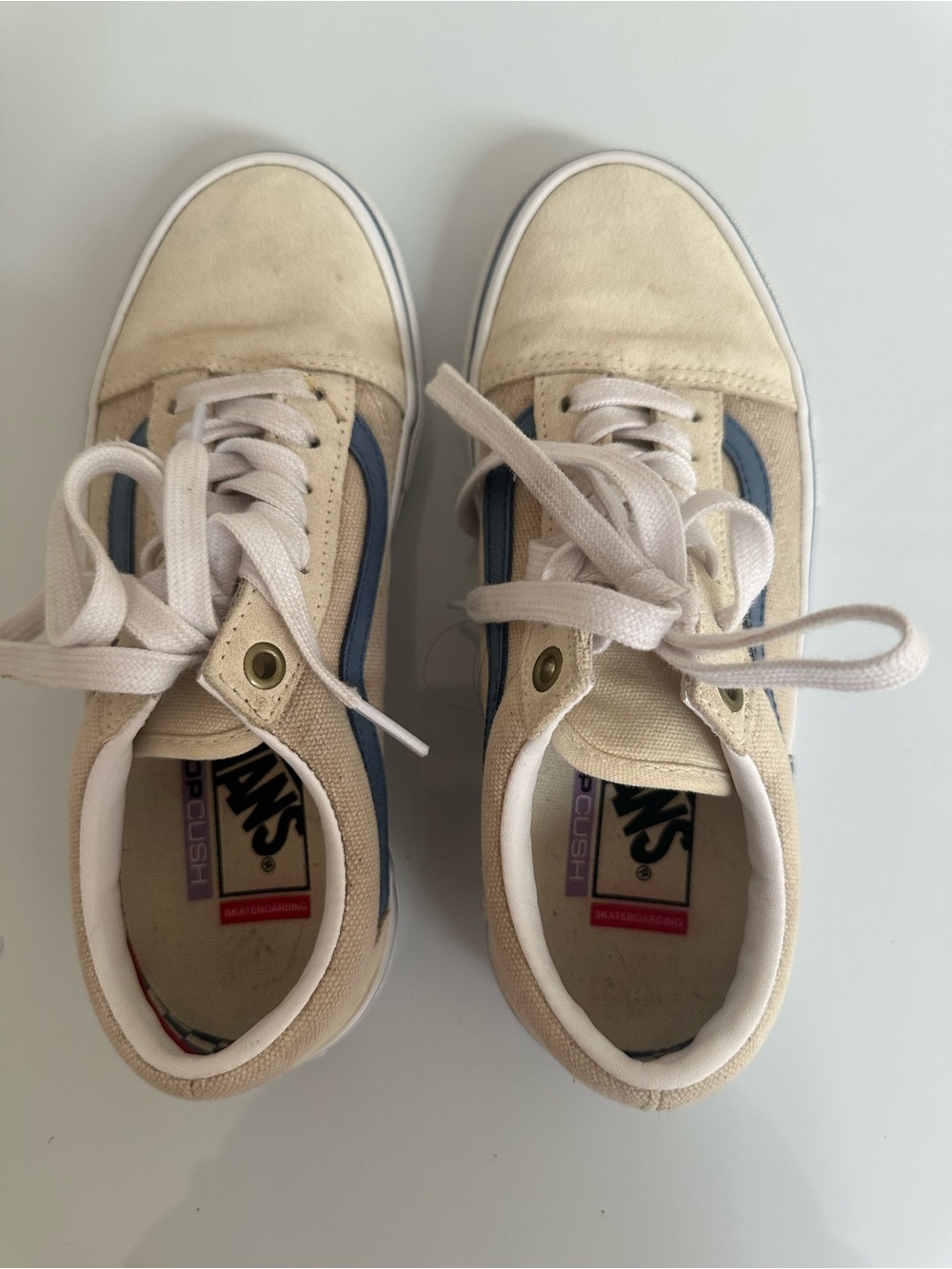 Vans Cream Suede Sneakers with Blue Side Stripe